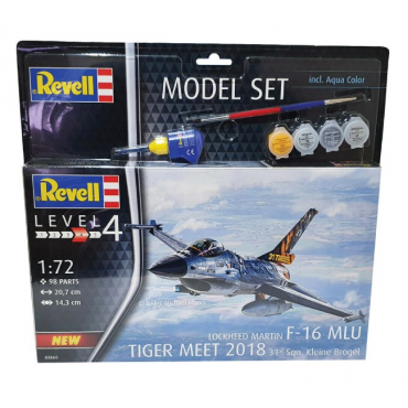 KIT PARA MONTAR REVELL MODEL SET AVIÃO LOCKHEED MARTIN F-16 MLU TIGER MEET 2018 1/72 98 PEÇAS COMPLETO COM TINTAS COLA E PINCEL REV 63860